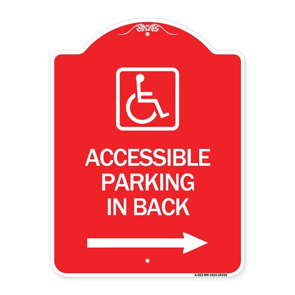Accessible Parking on Right Arrow W/ Graphic, Red & White Aluminum Sign, 18" x 24", RW-1824-24355